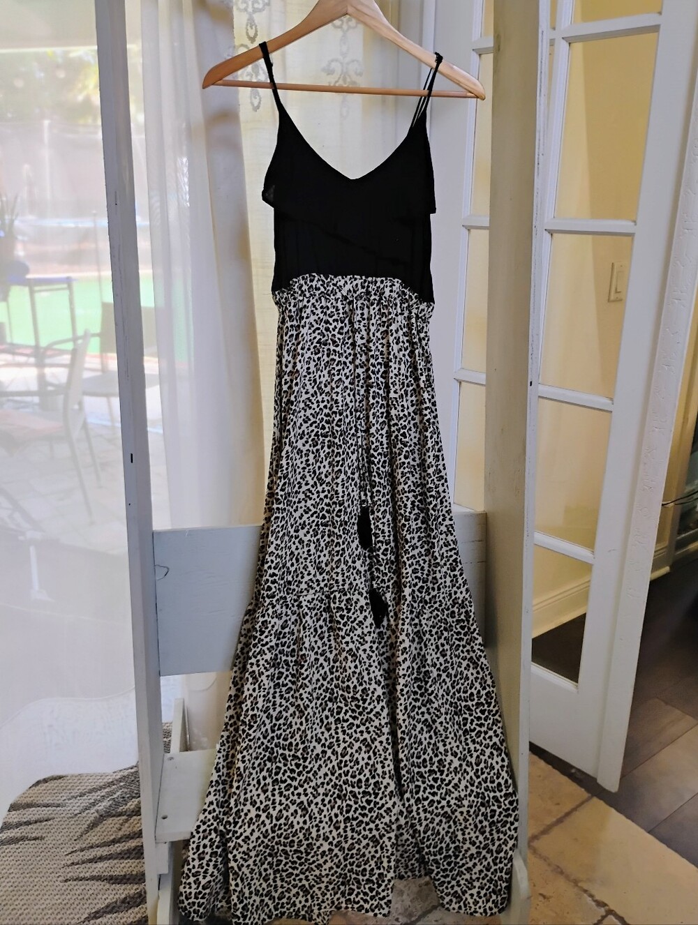 Black Spaghetti Strap Maxi Dress with Leopard Skirt